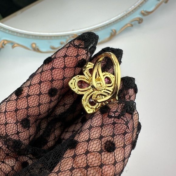 Anthropologie Blossom Gold Pink Floral Crystal Stainless Steel Adjustable Ring - Picture 13 of 17